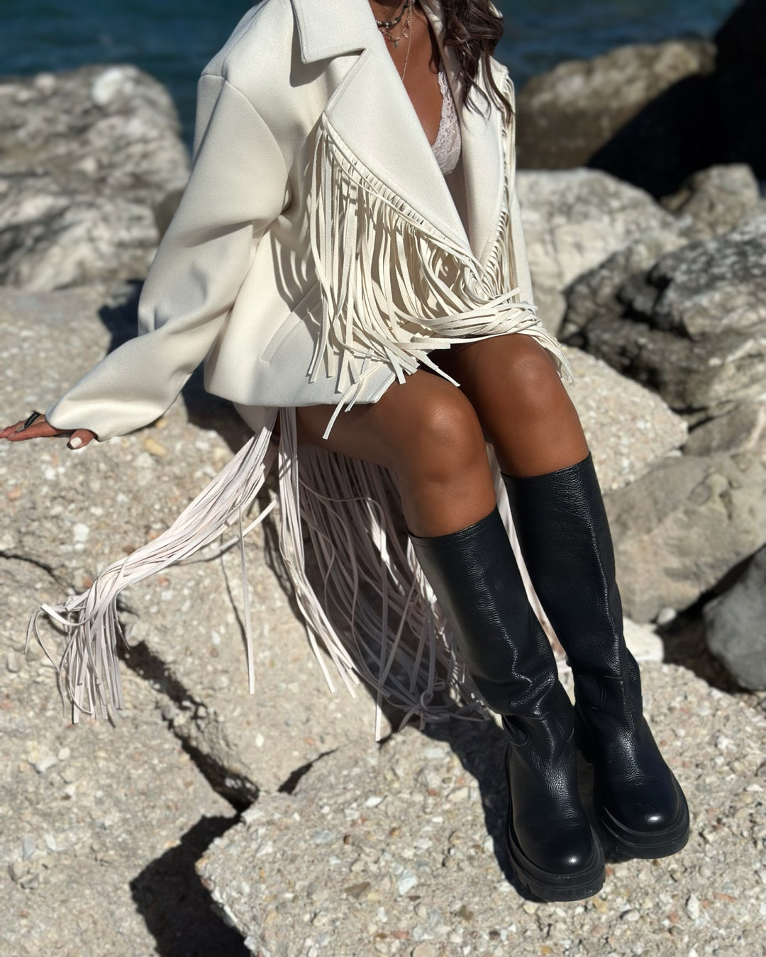 Giacca in Panno con Maxi Frange Panna