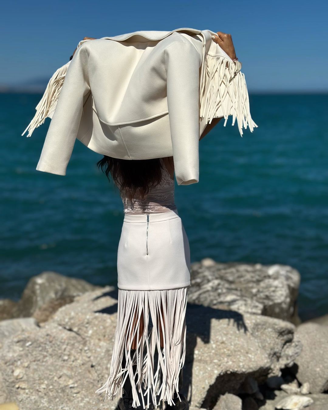 Giacca in Panno con Maxi Frange Panna