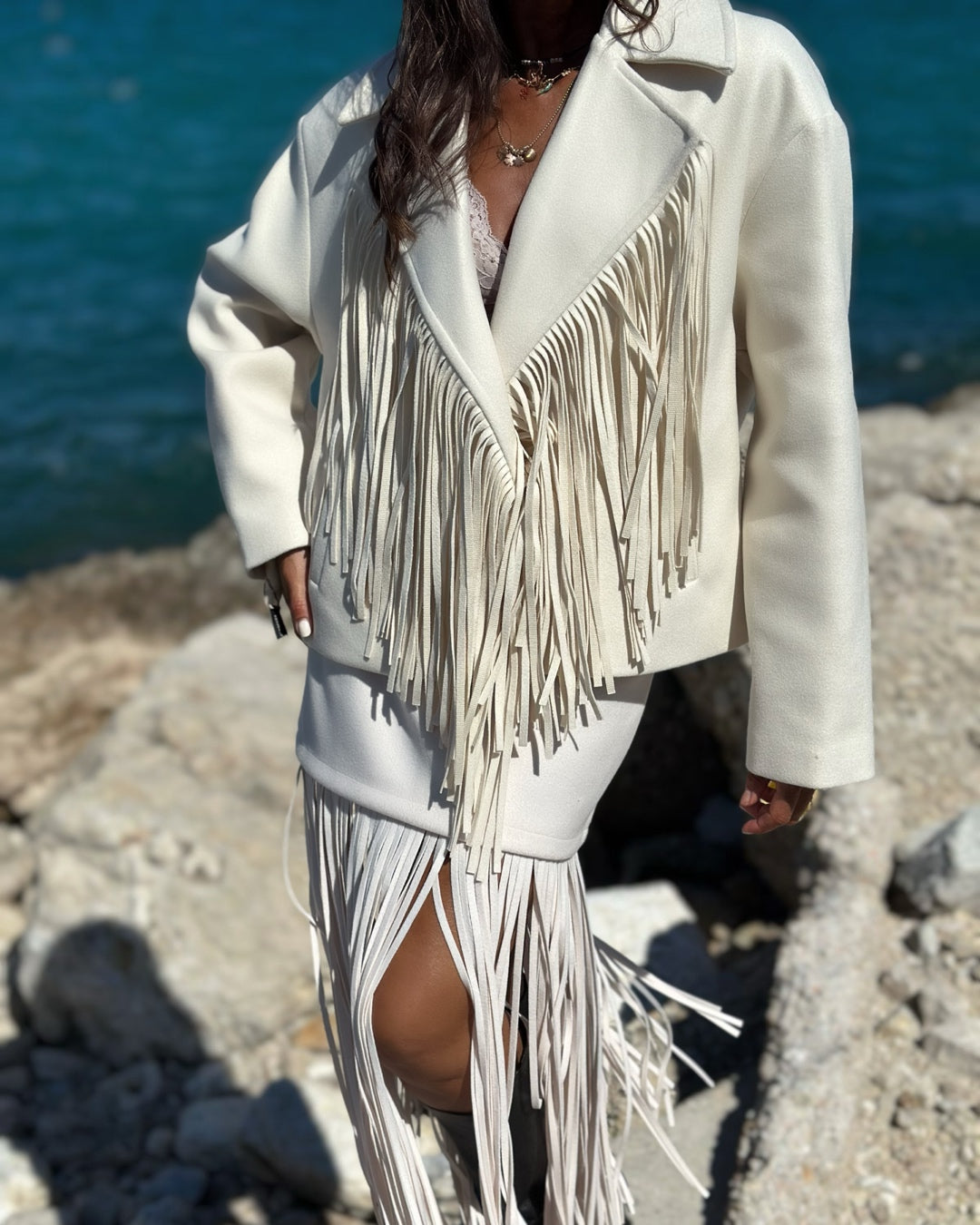 Giacca in Panno con Maxi Frange Panna