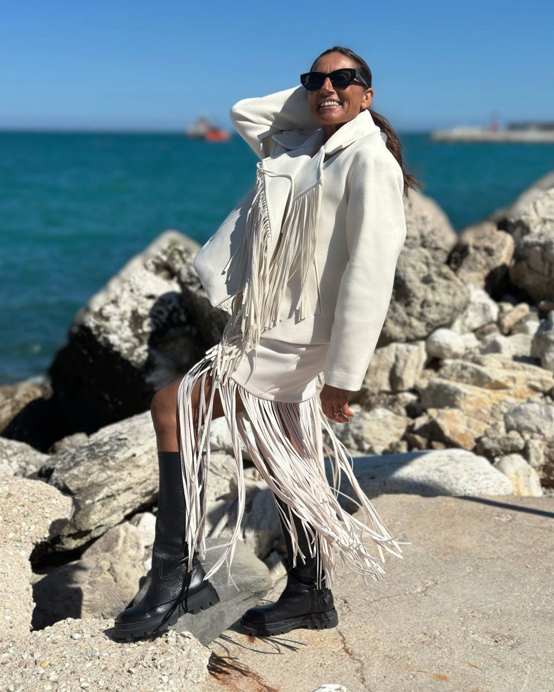 Giacca in Panno con Maxi Frange Panna