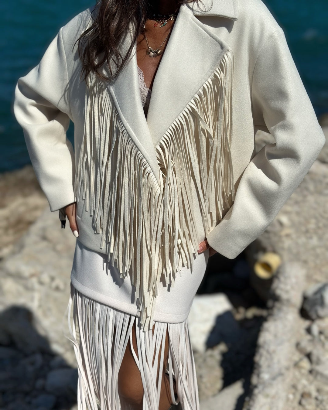 Giacca in Panno con Maxi Frange Panna