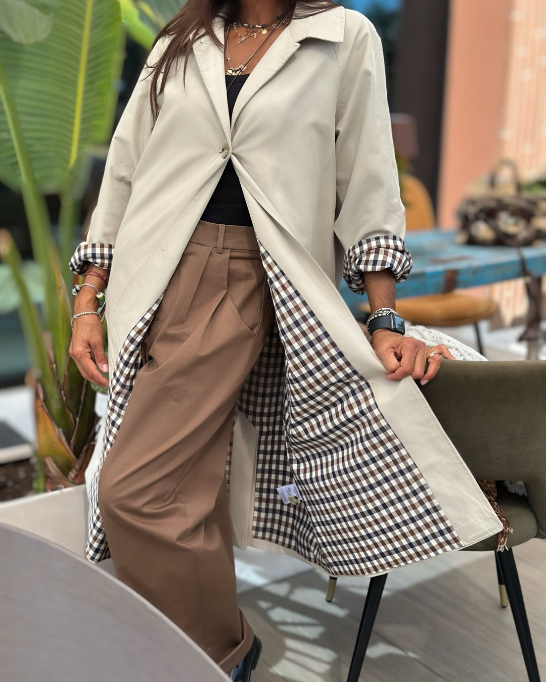 Trench Classico con Fodera Quadretto Beige