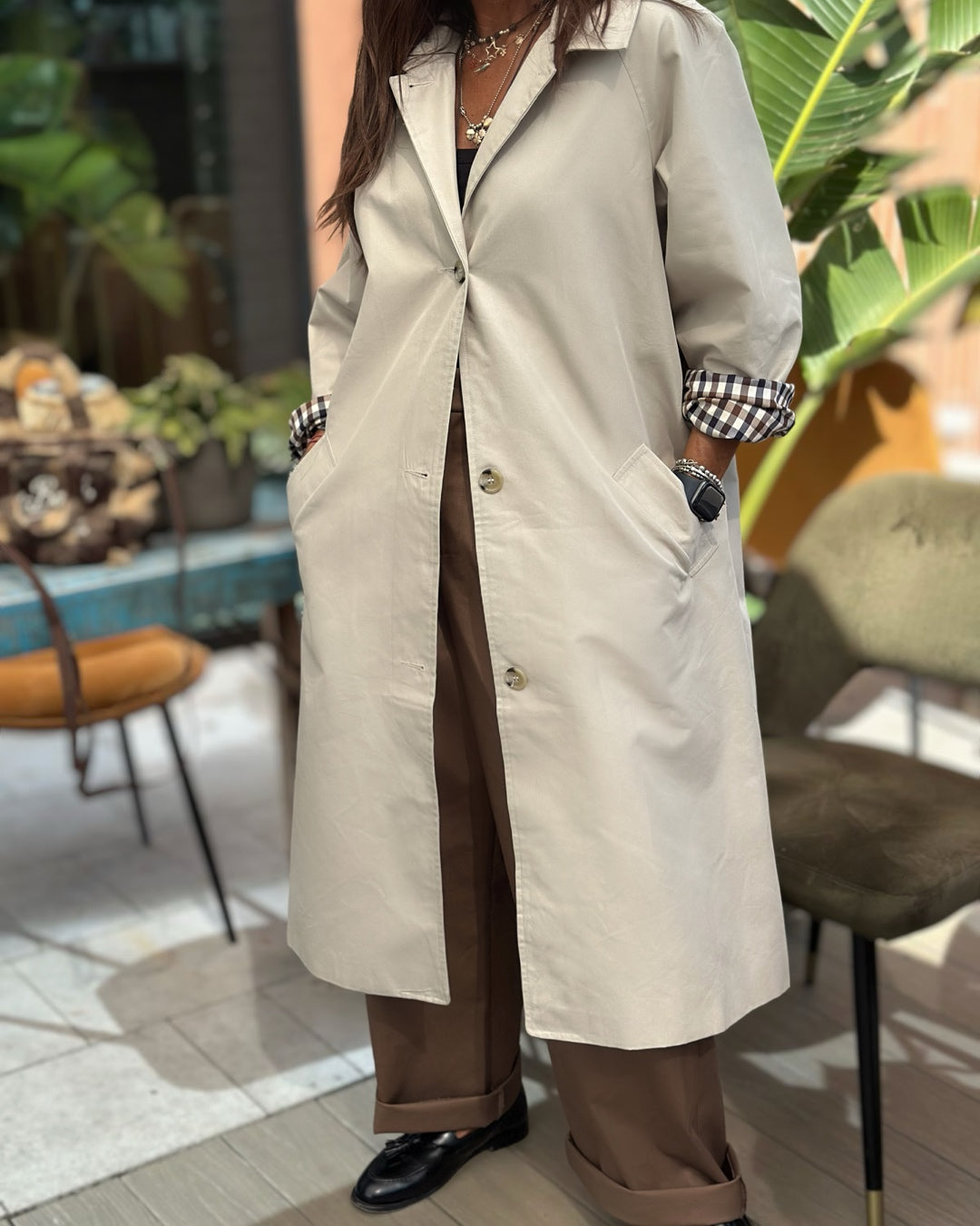 Trench Classico con Fodera Quadretto Beige