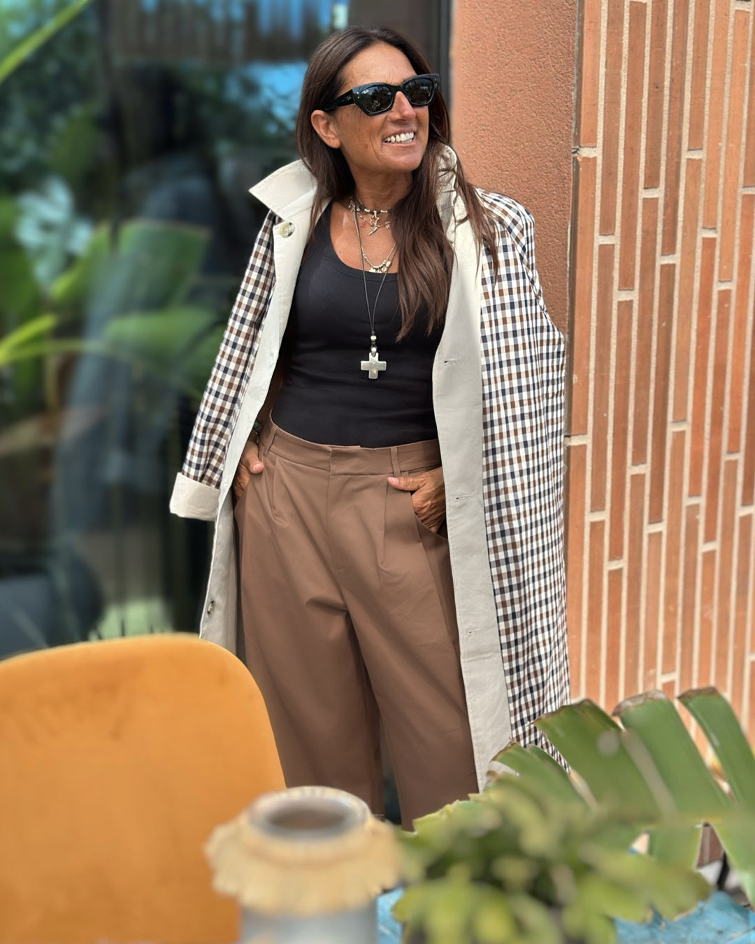 Trench Classico con Fodera Quadretto Beige