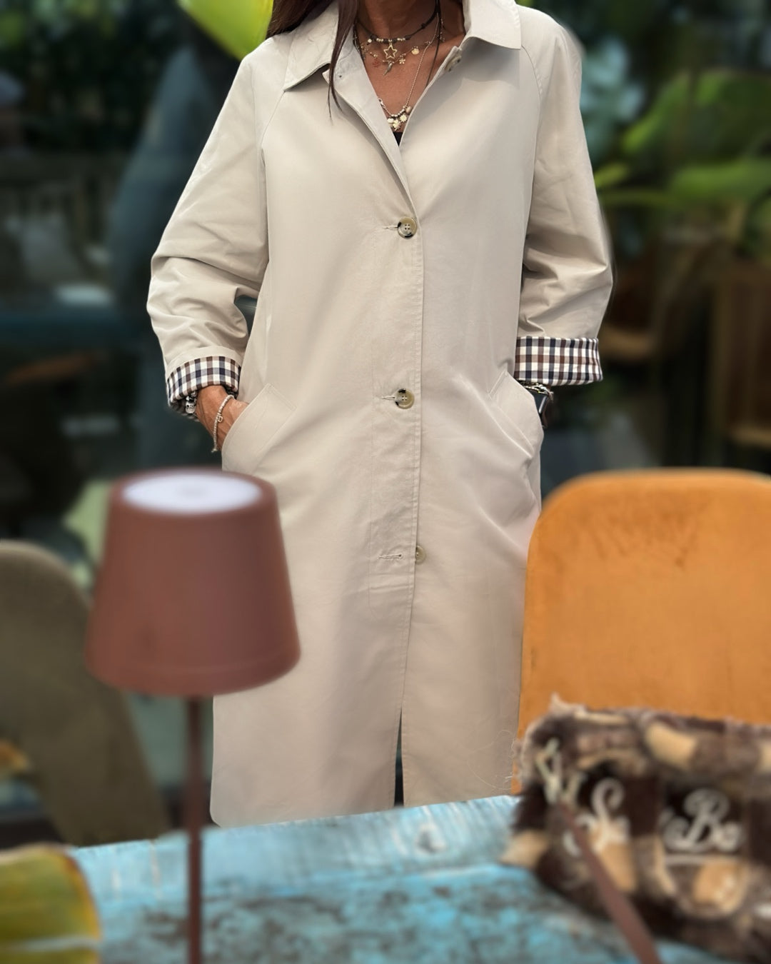 Trench Classico con Fodera Quadretto Beige