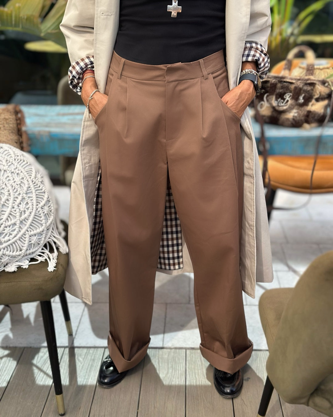 Pantalone Maschile con Pences Cotone Biscotto