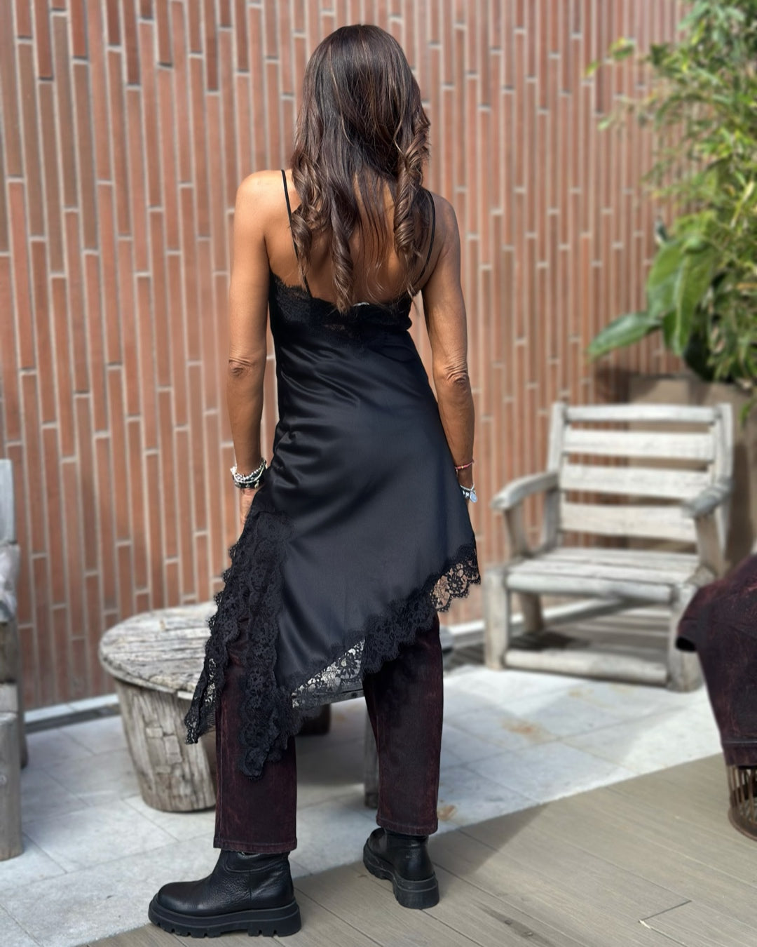 Abito Sottoveste in Satin & Pizzo Nero