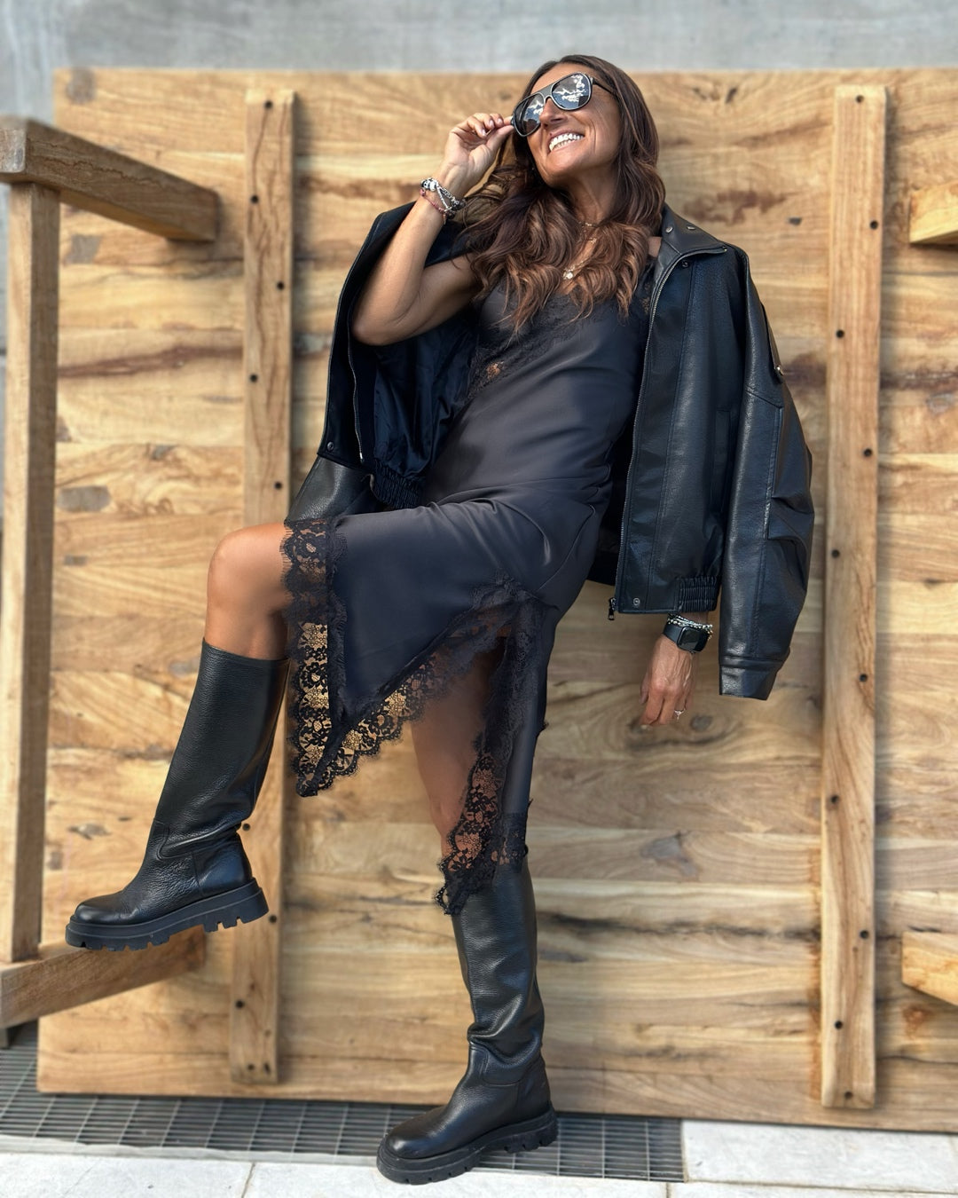 Abito Sottoveste in Satin & Pizzo Nero