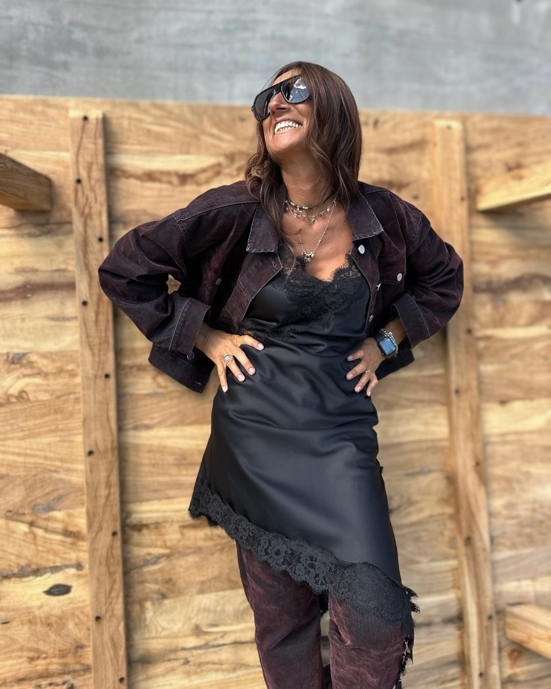 Abito Sottoveste in Satin & Pizzo Nero