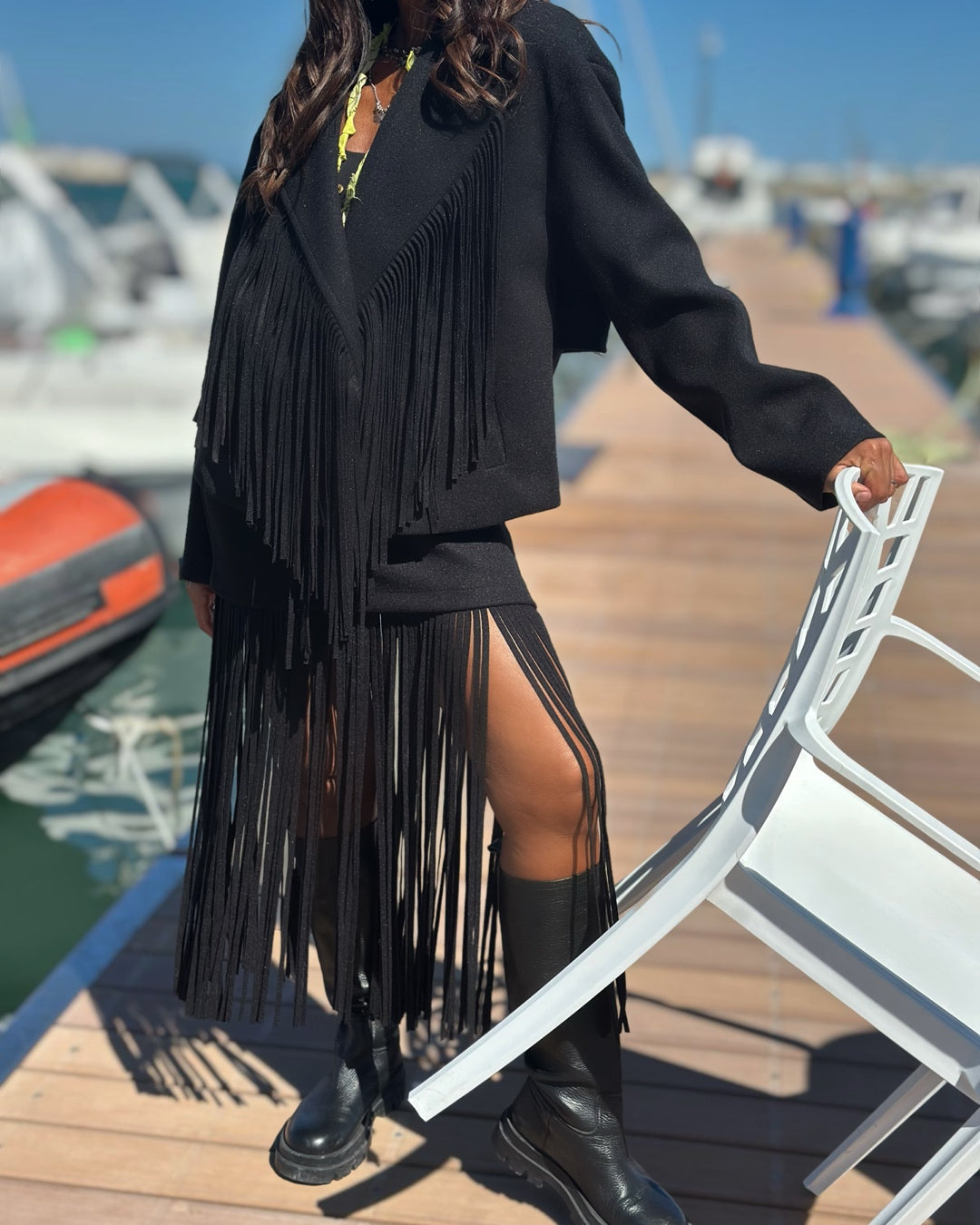 Giacca in Panno con Maxi Frange Nero