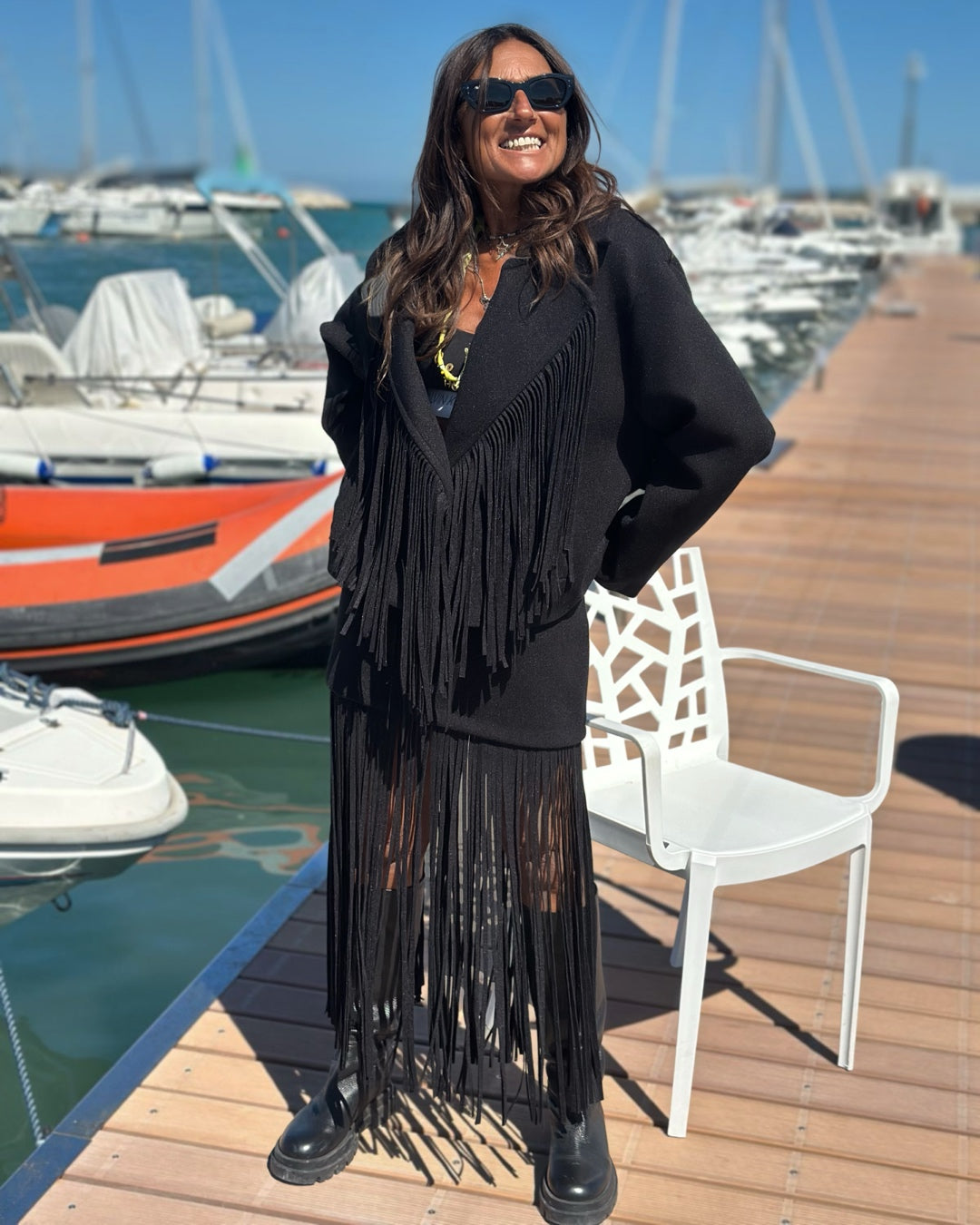 Giacca in Panno con Maxi Frange Nero