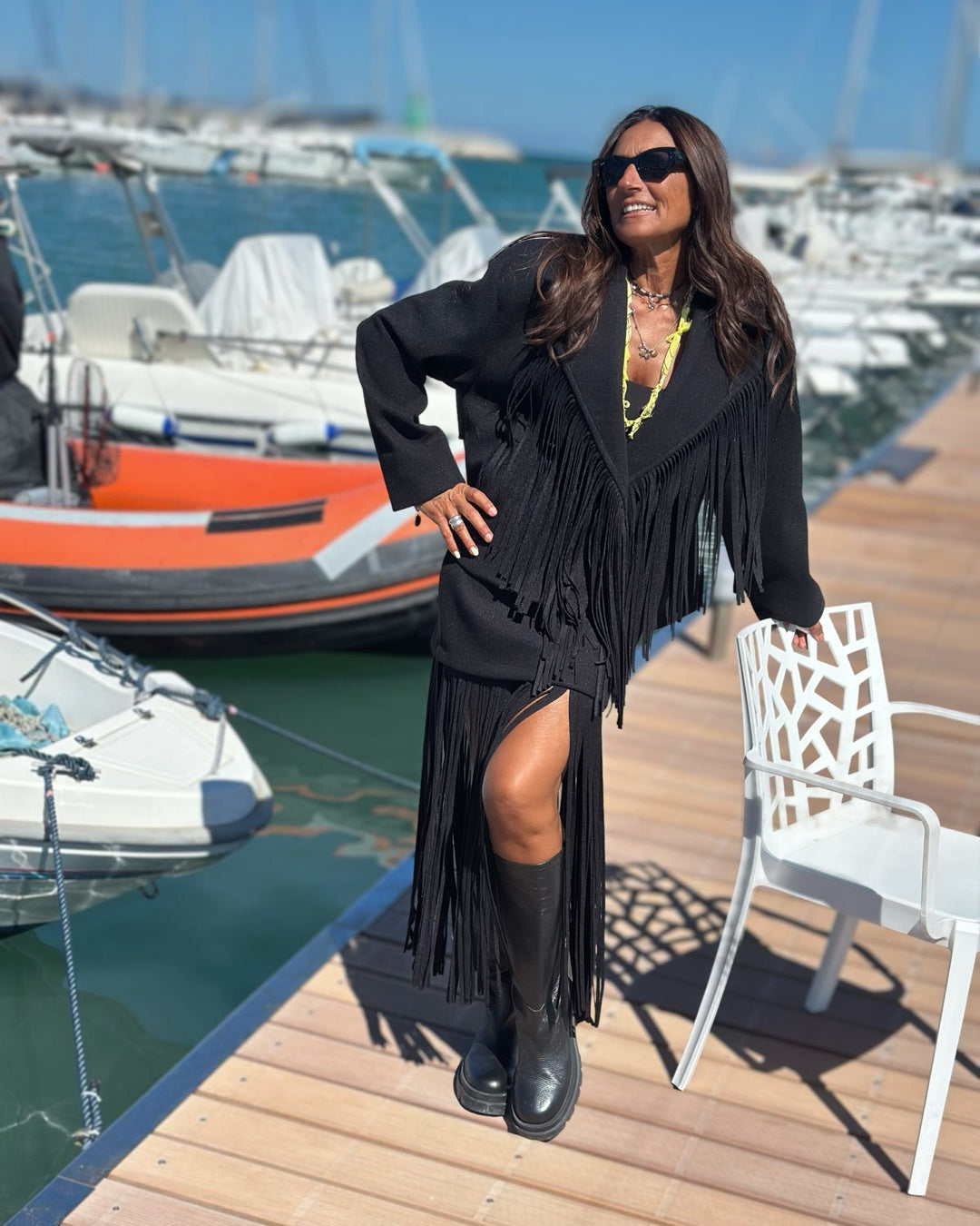 Giacca in Panno con Maxi Frange Nero