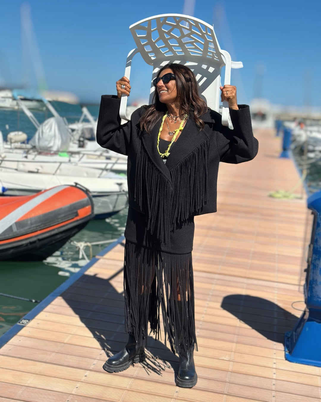 Giacca in Panno con Maxi Frange Nero