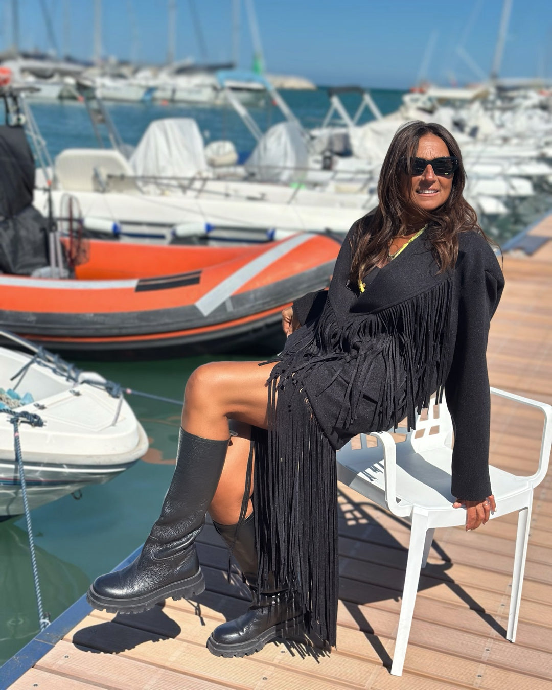 Giacca in Panno con Maxi Frange Nero