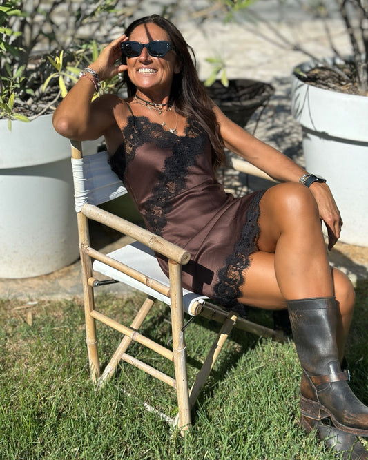 Abito Sottoveste in Satin & Pizzo Cioccolato