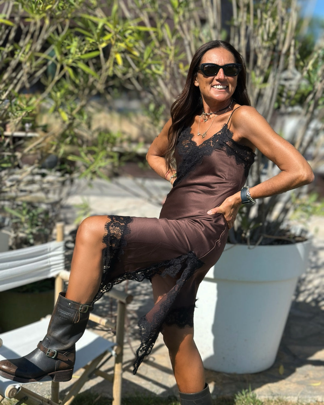 Abito Sottoveste in Satin & Pizzo Cioccolato