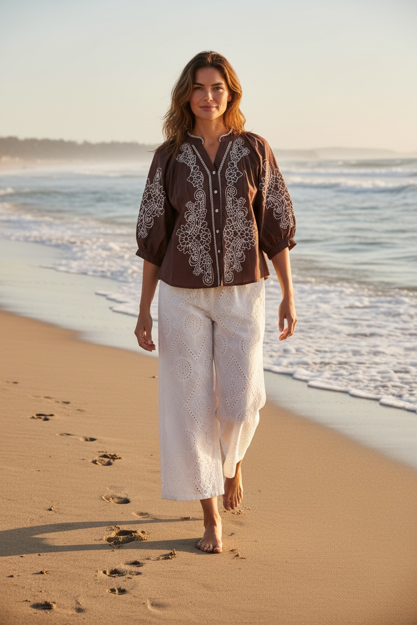 Camicia Cantabria con Ricamo - Cioccolato