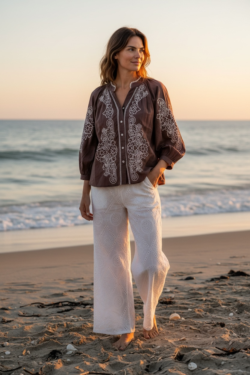 Camicia Cantabria con Ricamo - Cioccolato