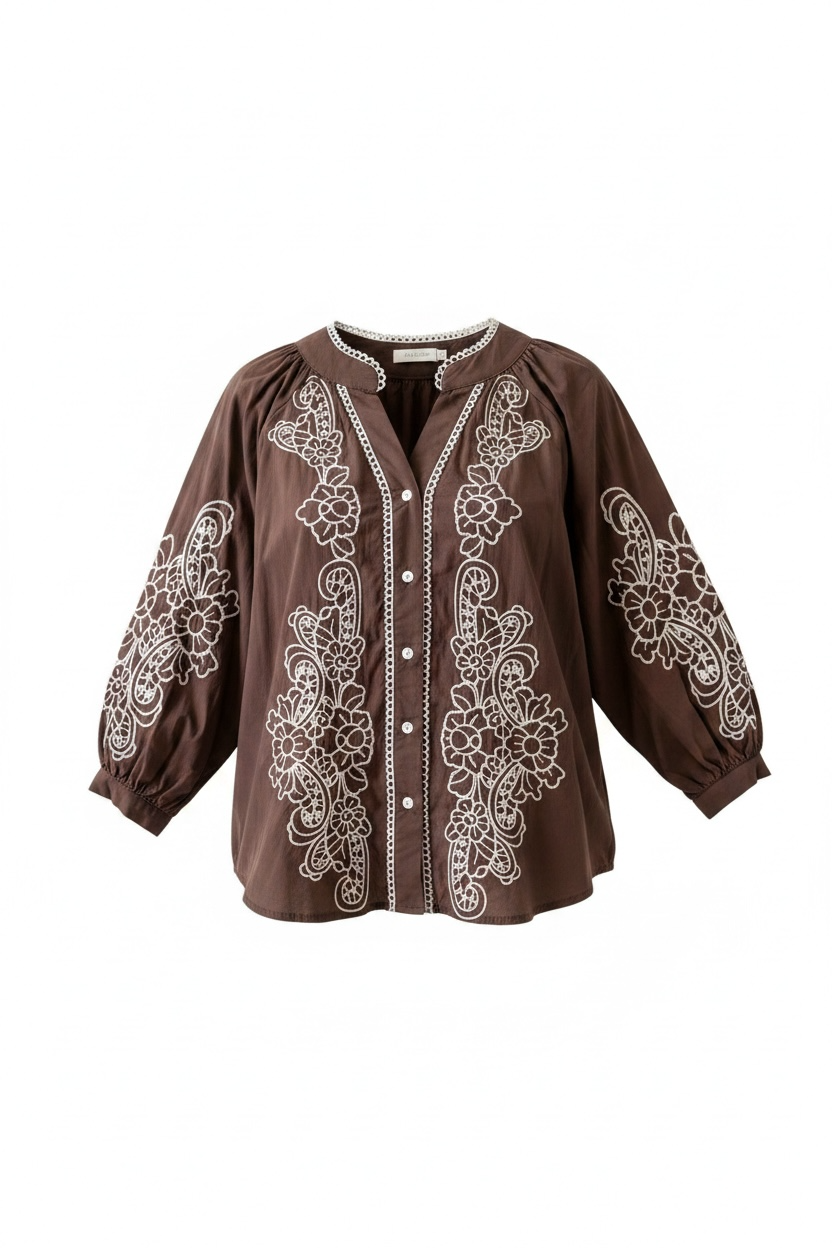 Camicia Cantabria con Ricamo - Cioccolato