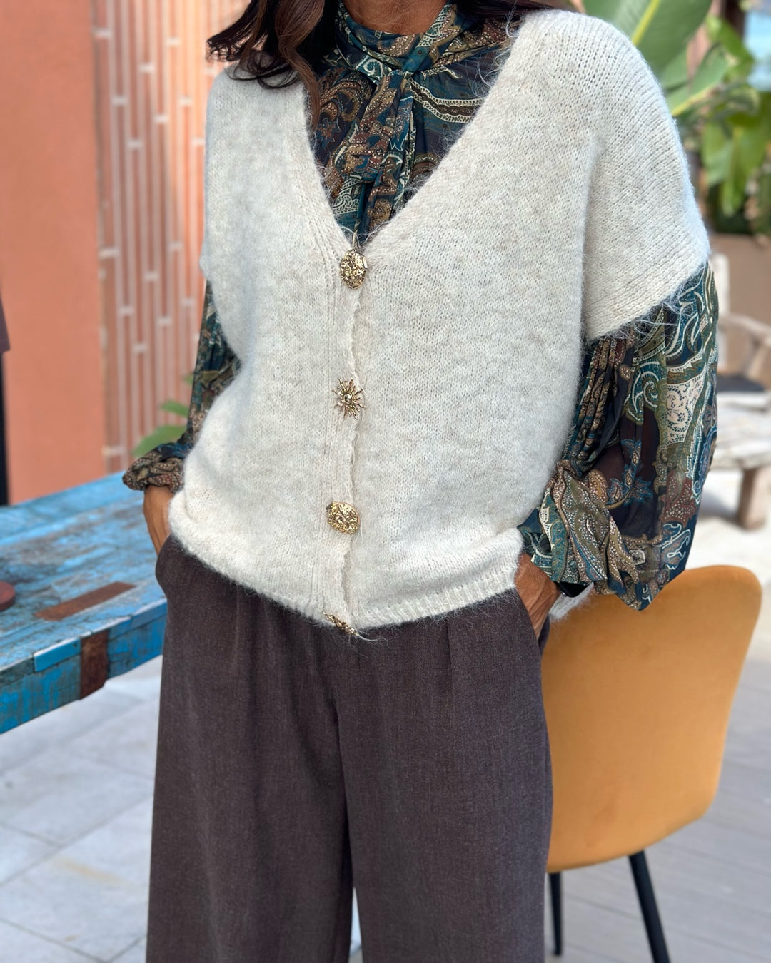 Gilet in Misto Lana e Mohair con Bottoni Sole e Luna Panna