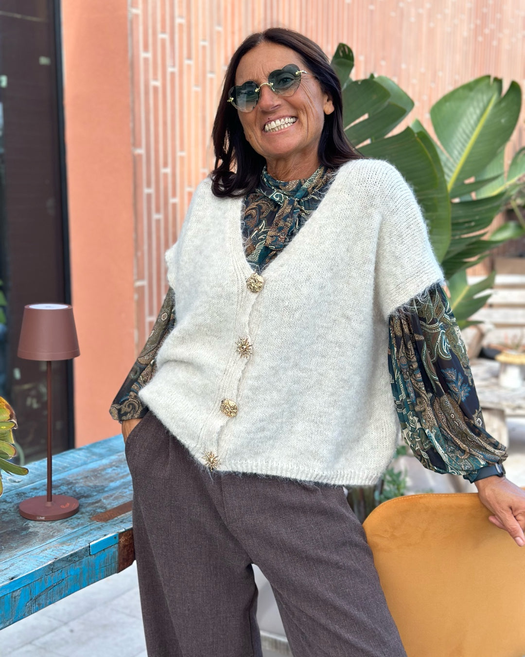 Gilet in Misto Lana e Mohair con Bottoni Sole e Luna Panna