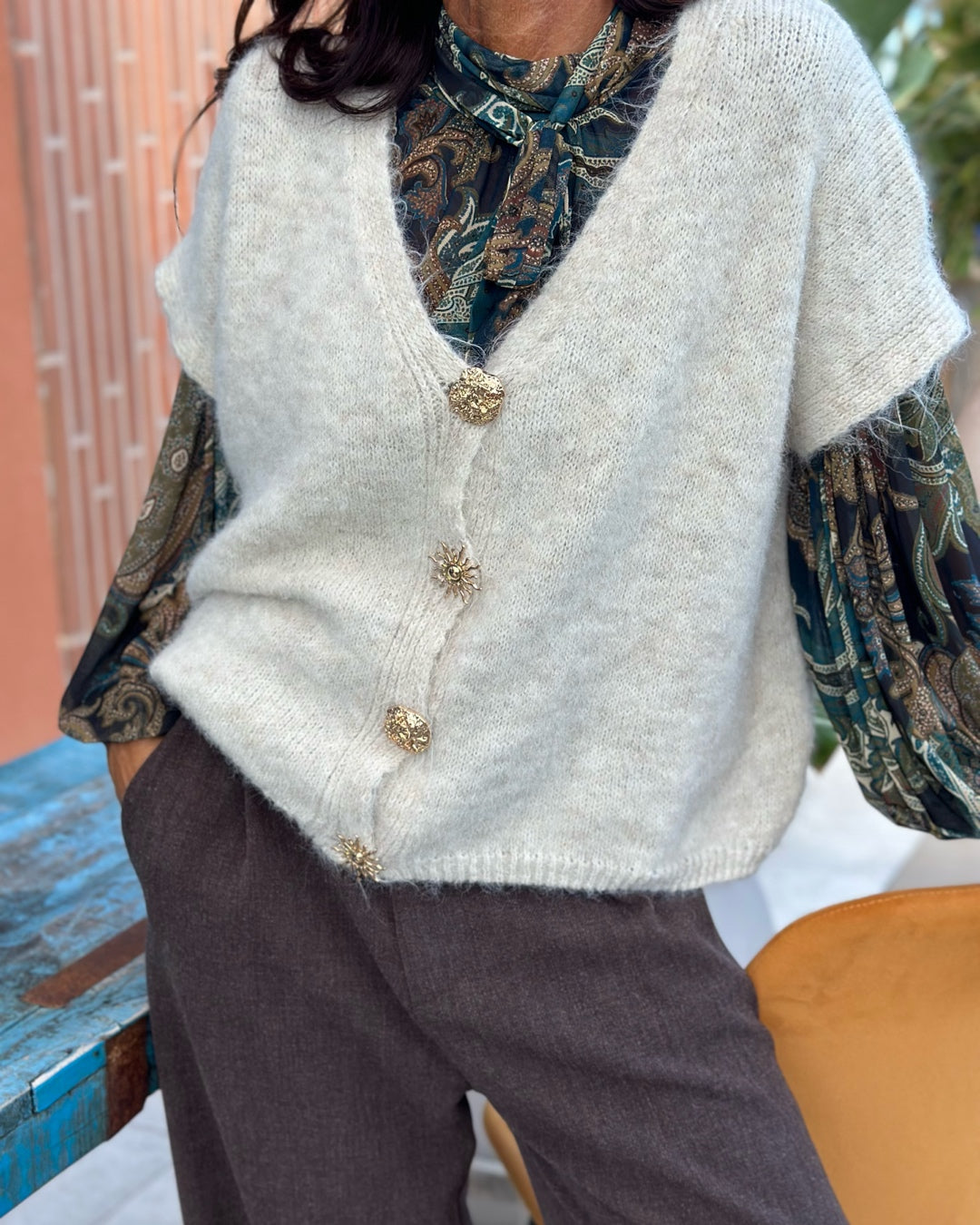 Gilet in Misto Lana e Mohair con Bottoni Sole e Luna Panna