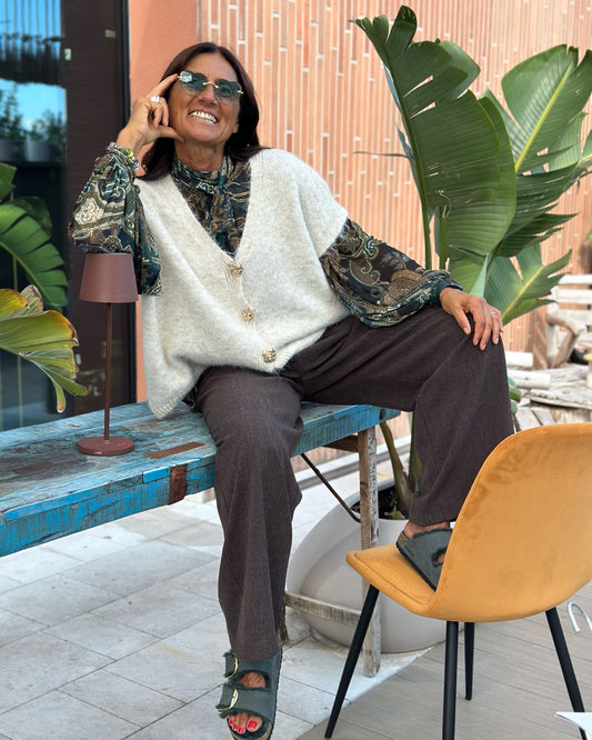 Gilet in Misto Lana e Mohair con Bottoni Sole e Luna Panna