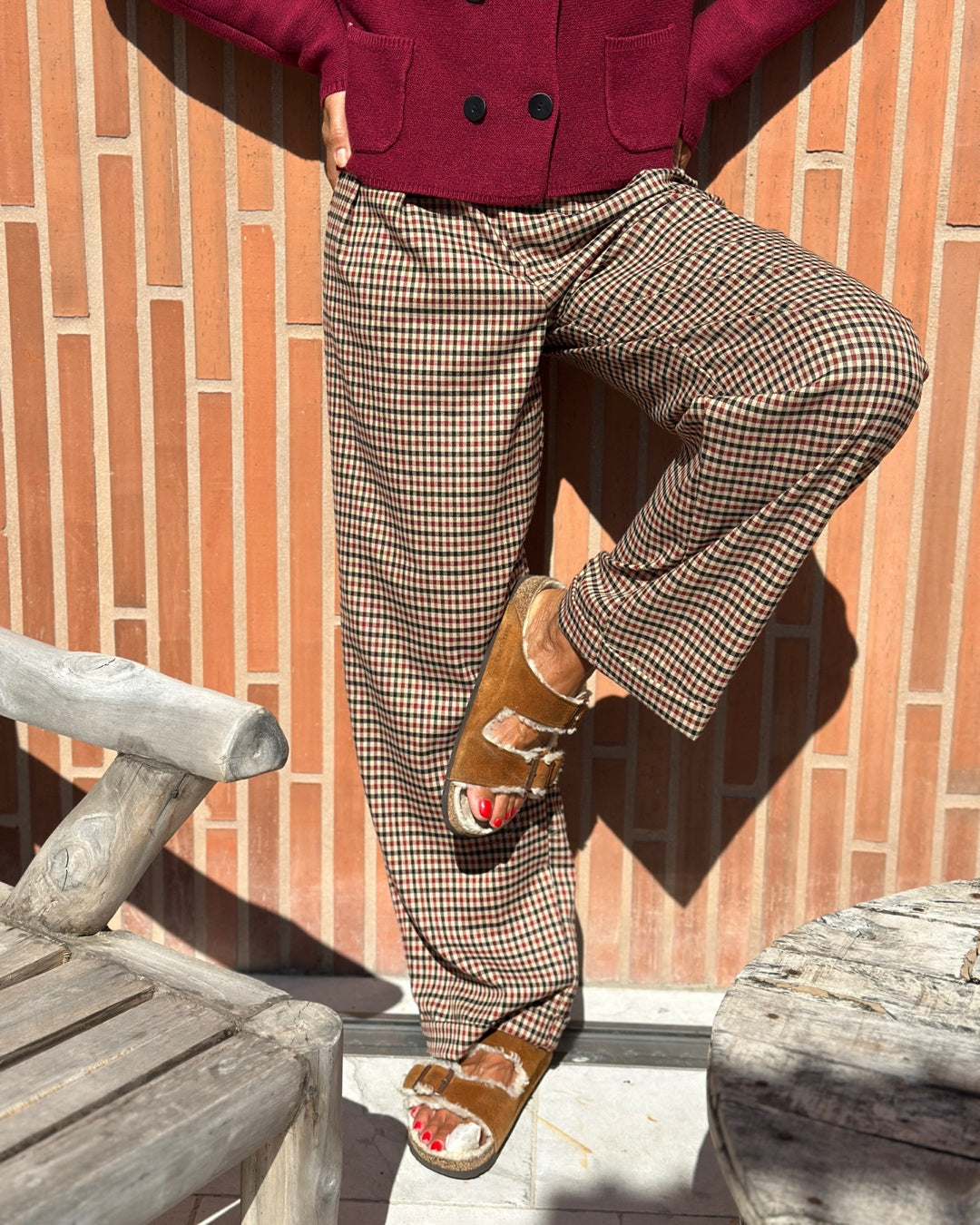 Pantalone con Pences Quadretto Bordeaux