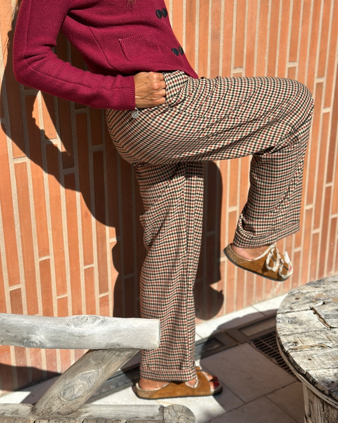 Pantalone con Pences Quadretto Bordeaux