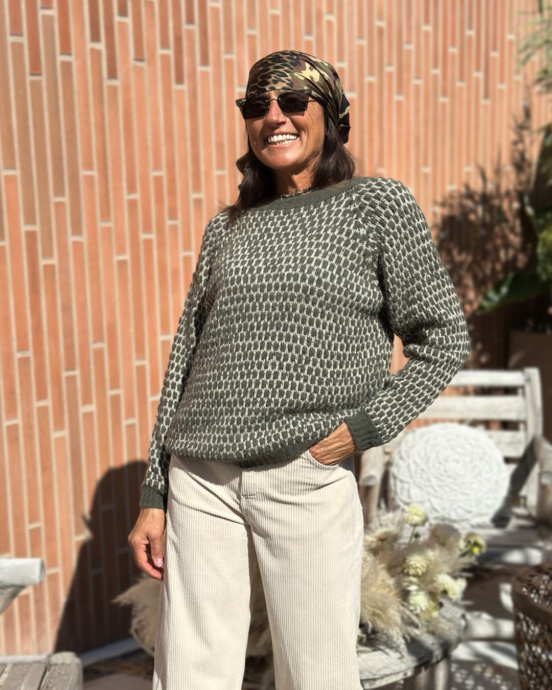 Maglione Nido d'ape Verde Militare & Bianco