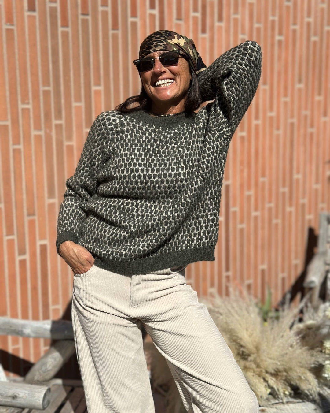 Maglione Nido d'ape Verde Militare & Bianco