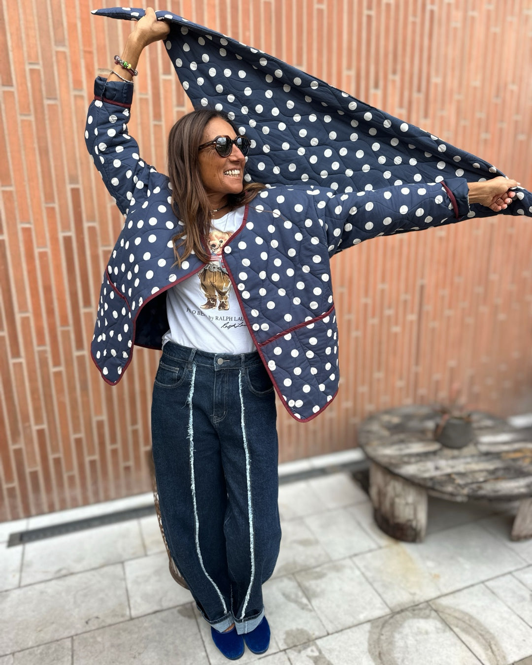 Giacca Trapuntata Pois con Velluto Bordeaux