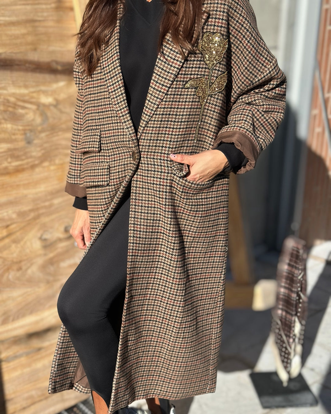 Cappotto Oversize Pied De Poule Patch Rosa Glitterata