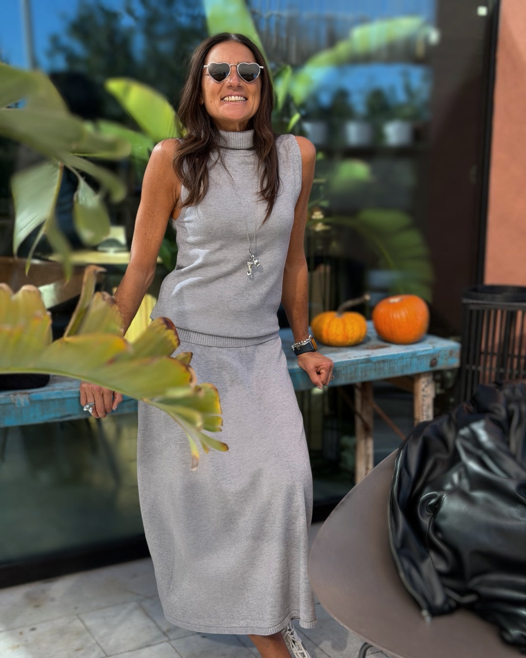 Coordinato in Viscosa Maglia + Gonna | Grigio Perla