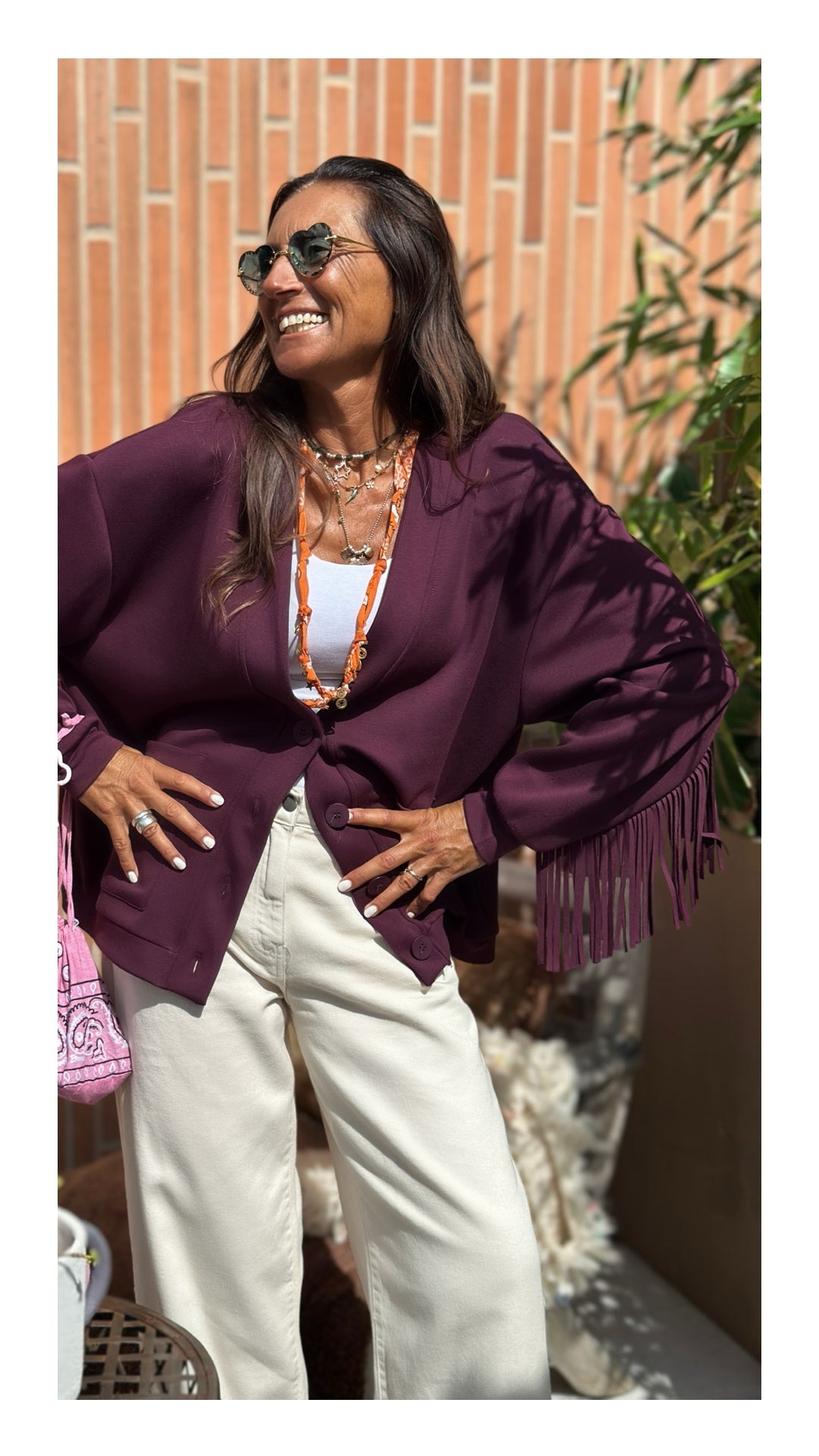 Cardigan con Frange in Cotone e Viscosa | Burgundy