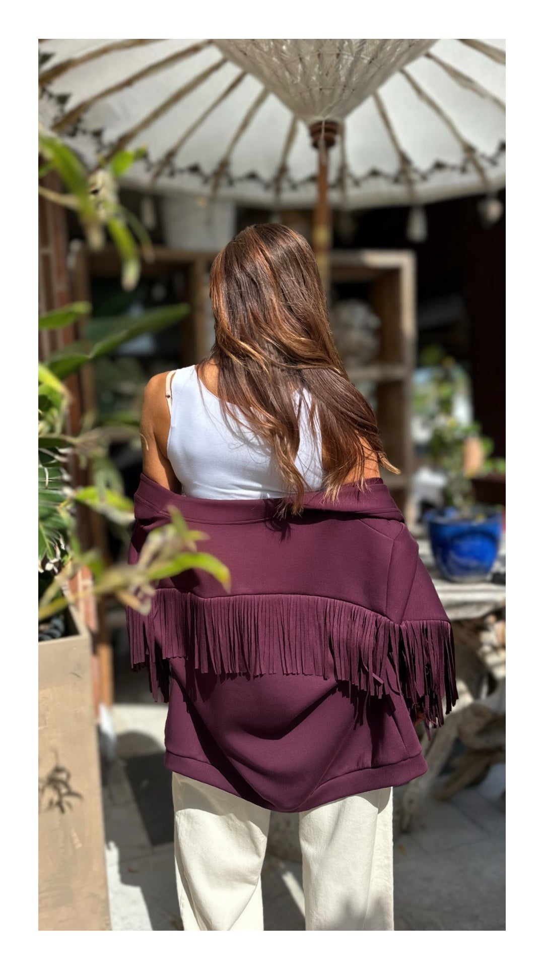 Cardigan con Frange in Cotone e Viscosa | Burgundy