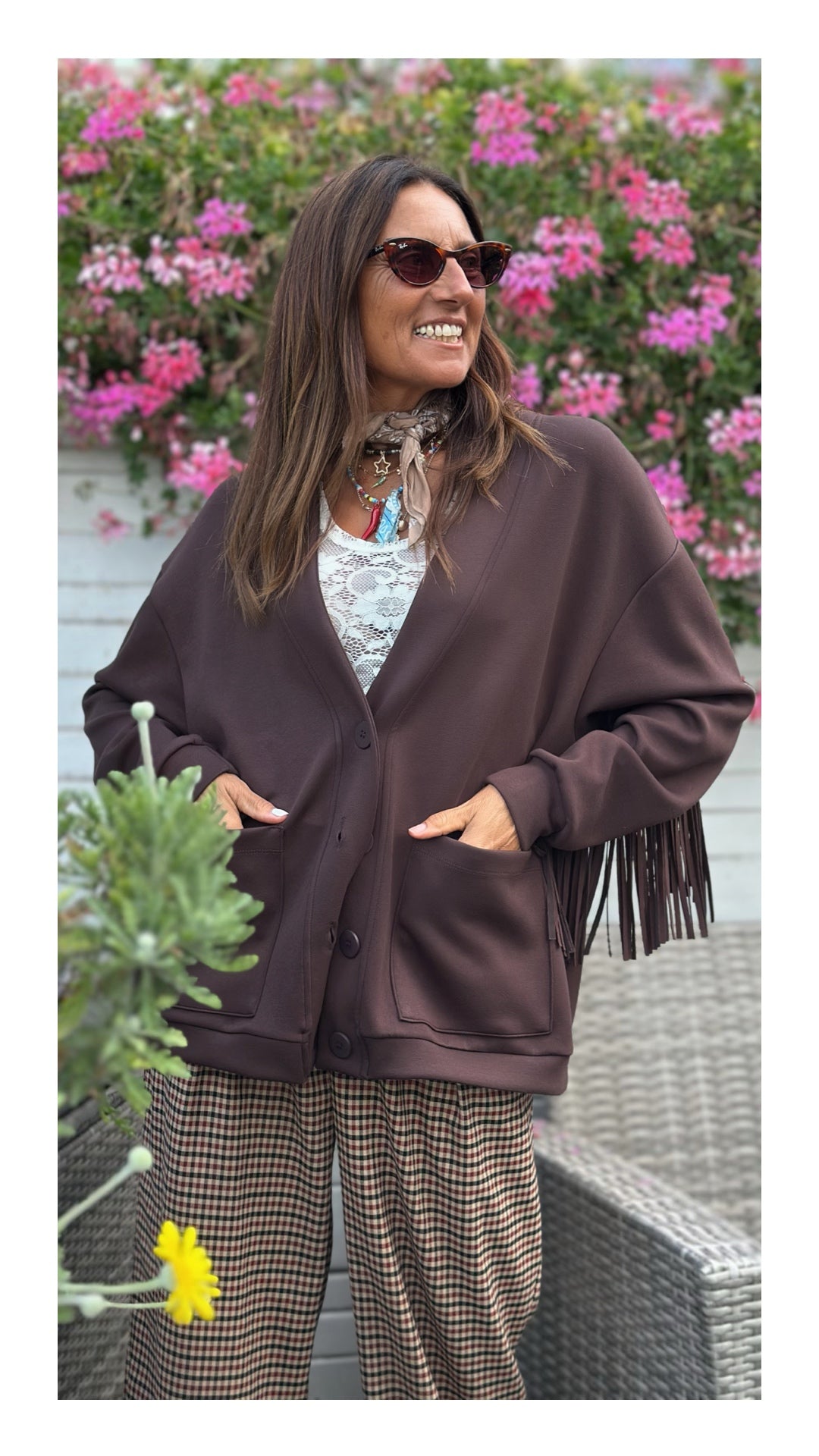 Cardigan con Frange in Cotone e Viscosa | Cioccolato