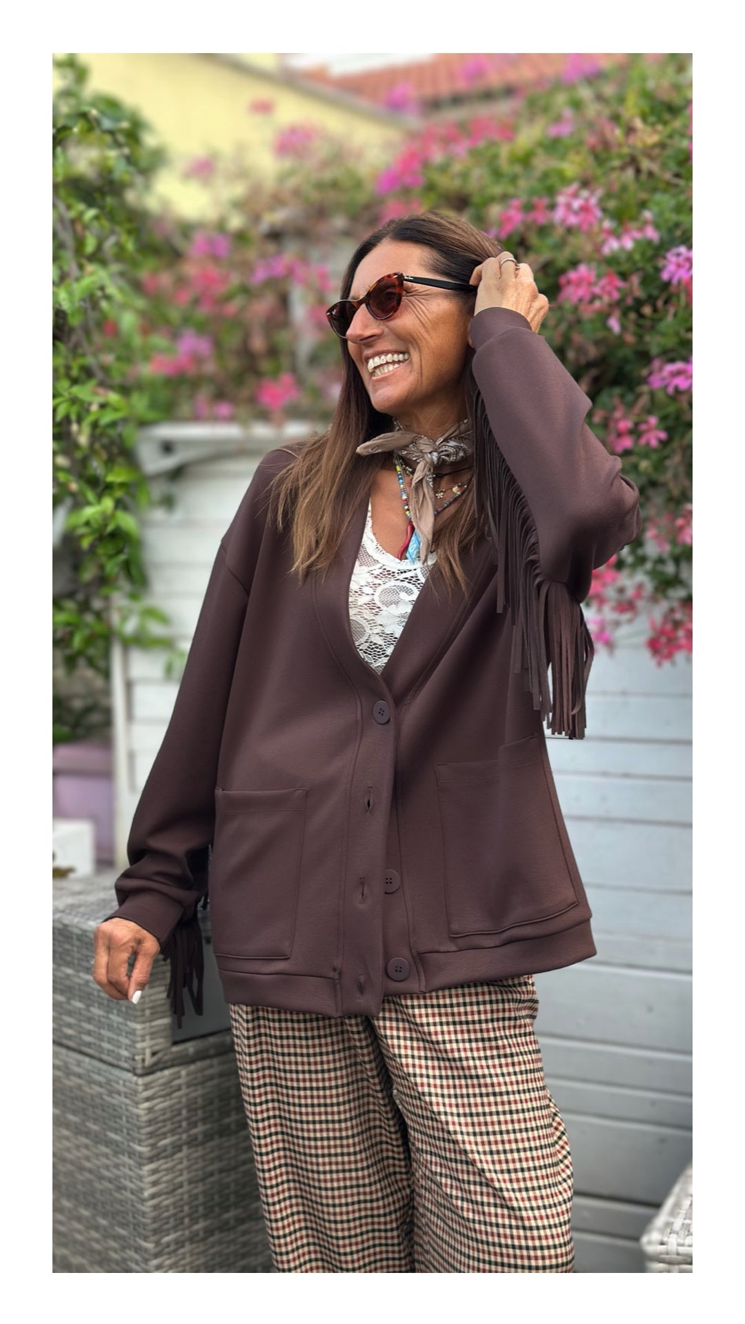 Cardigan con Frange in Cotone e Viscosa | Cioccolato