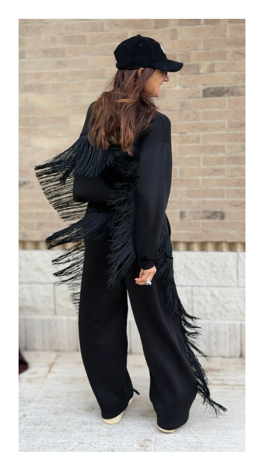 Panta Tuta Palazzo Cotone Felpato Frange | Nero