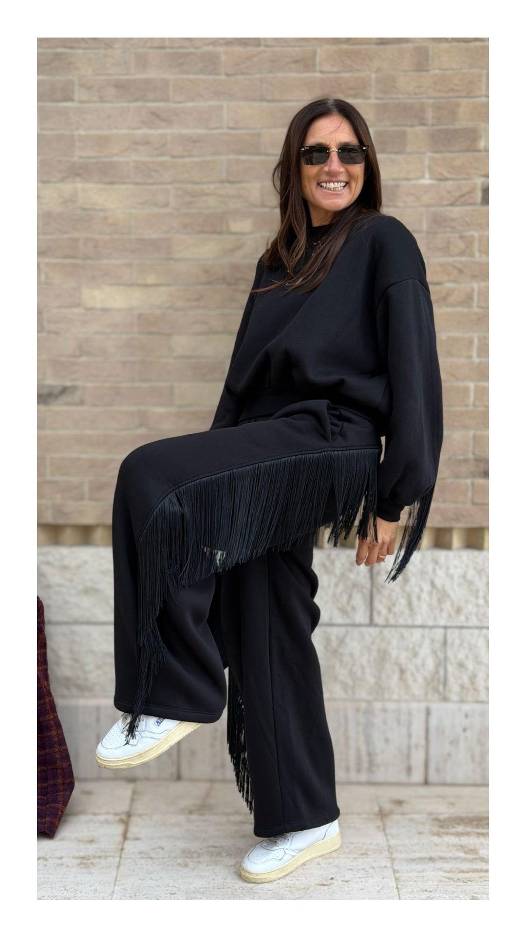 Panta Tuta Palazzo Cotone Felpato Frange | Nero