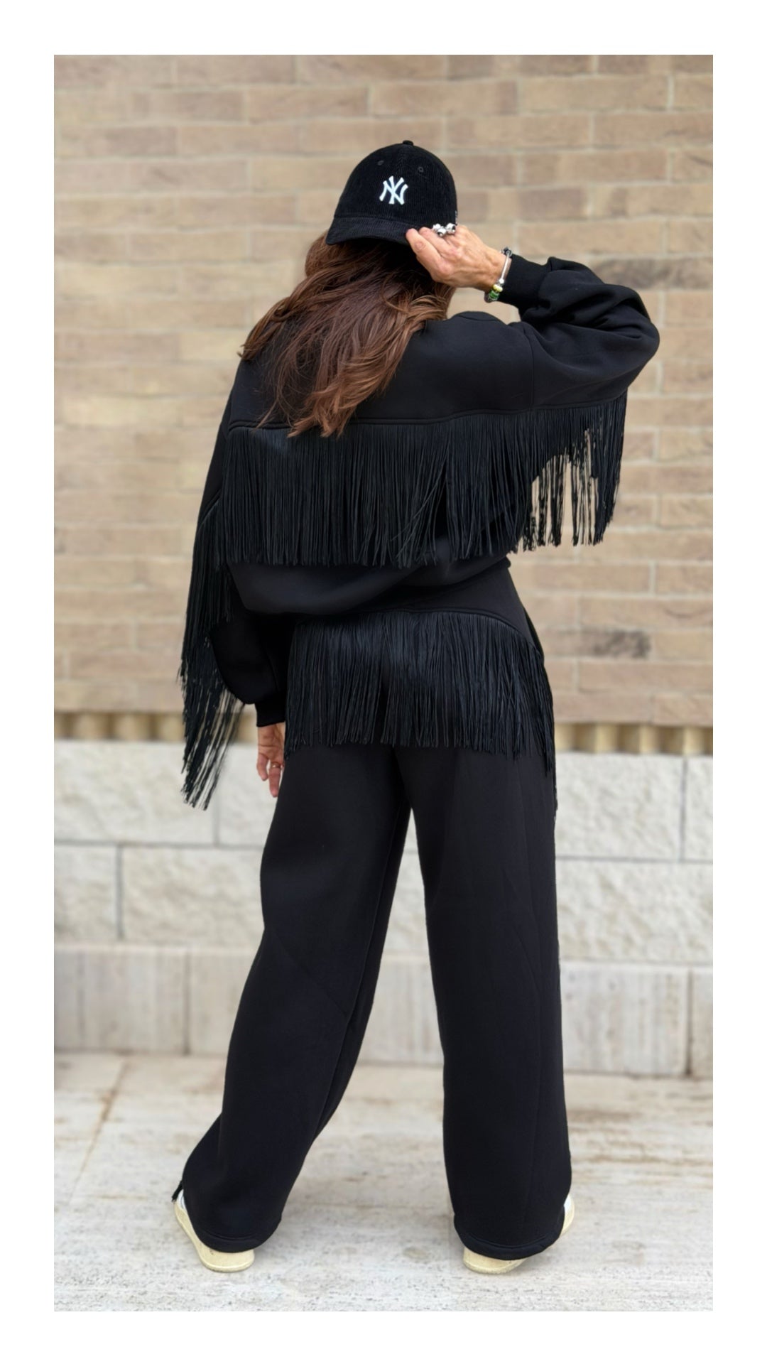 Panta Tuta Palazzo Cotone Felpato Frange | Nero