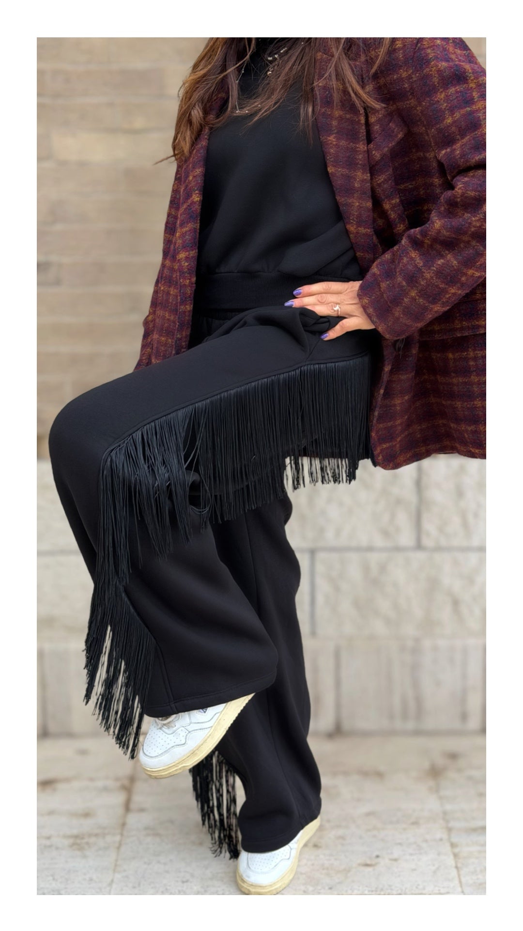 Panta Tuta Palazzo Cotone Felpato Frange | Nero