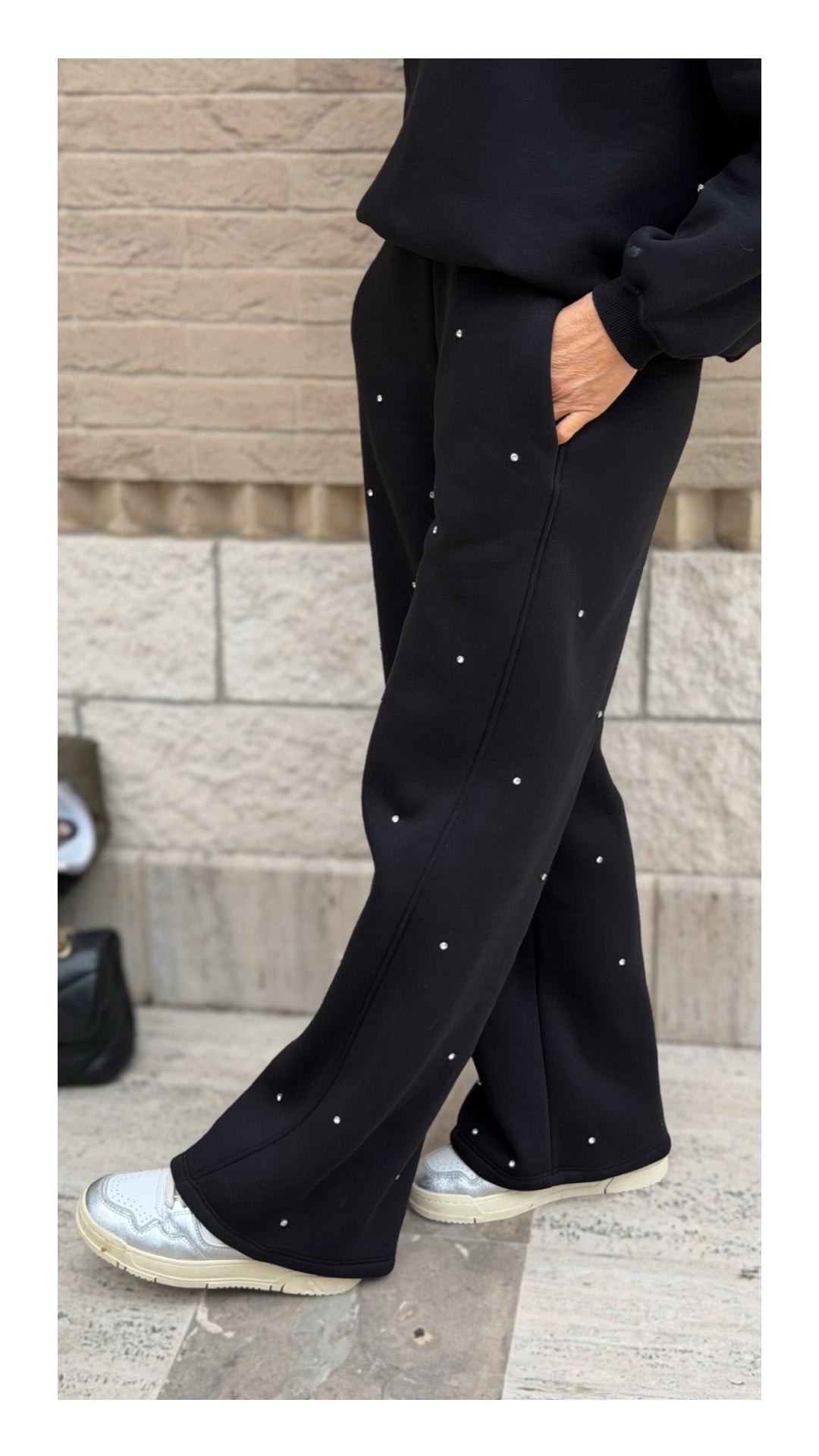 Panta Tuta Palazzo Cotone Felpato Swarovski | Nero