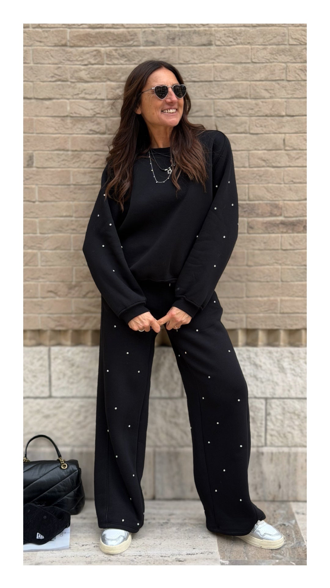 Panta Tuta Palazzo Cotone Felpato Swarovski | Nero