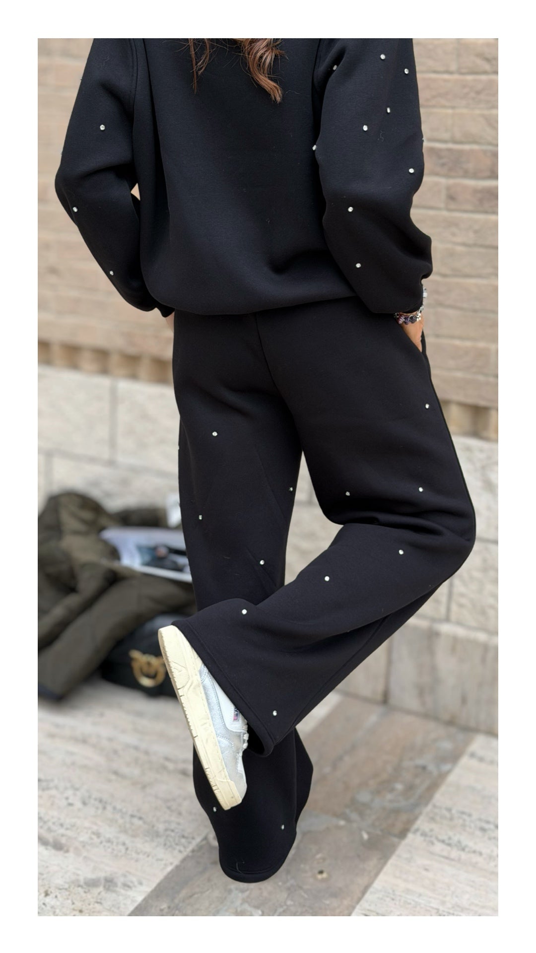 Panta Tuta Palazzo Cotone Felpato Swarovski | Nero