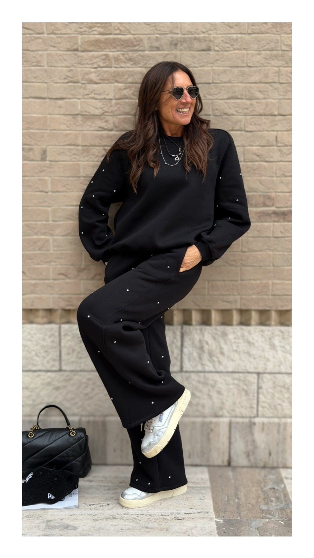 Panta Tuta Palazzo Cotone Felpato Swarovski | Nero