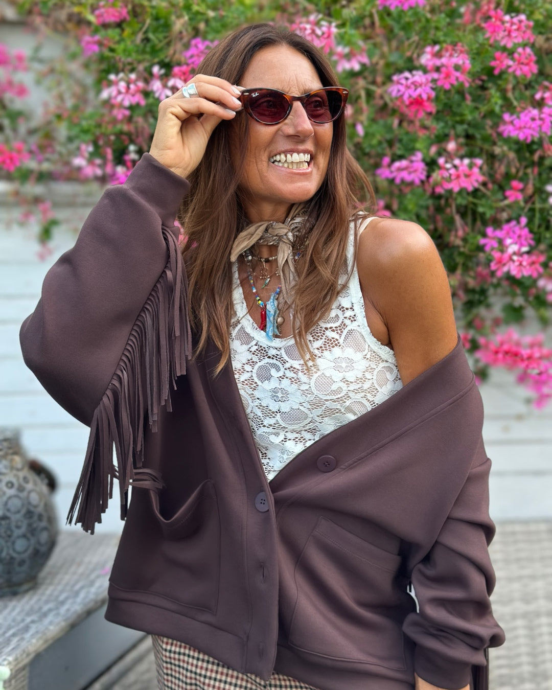 Cardigan in Felpa con Frange in Moro