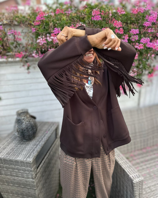 Cardigan in Felpa con Frange in Moro