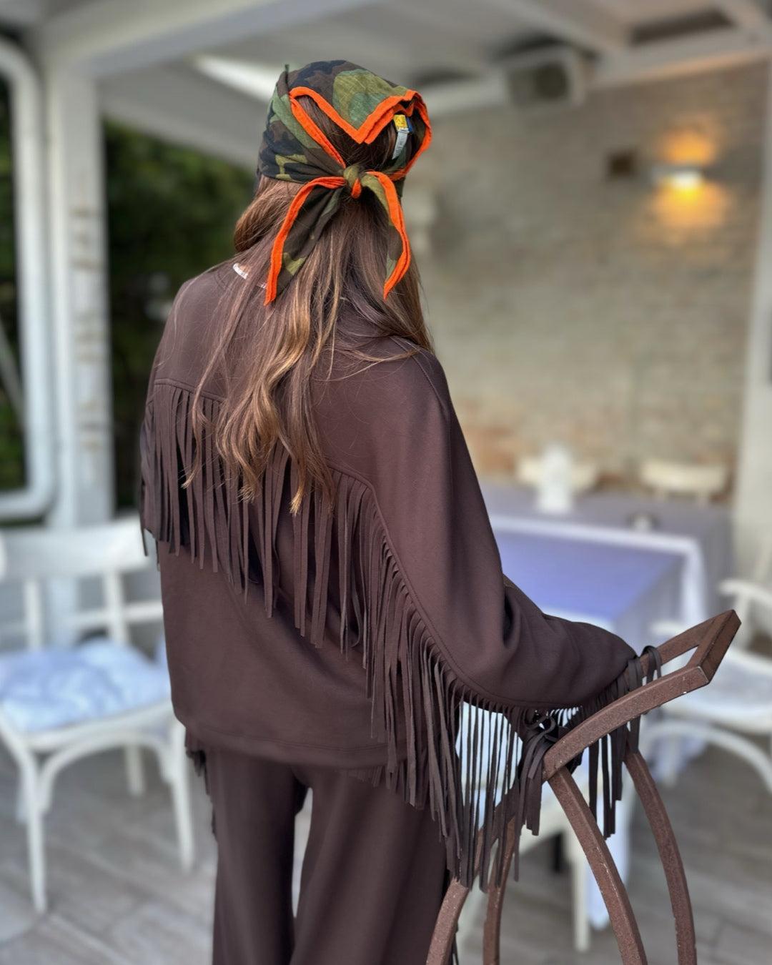 Cardigan in Felpa con Frange in Moro