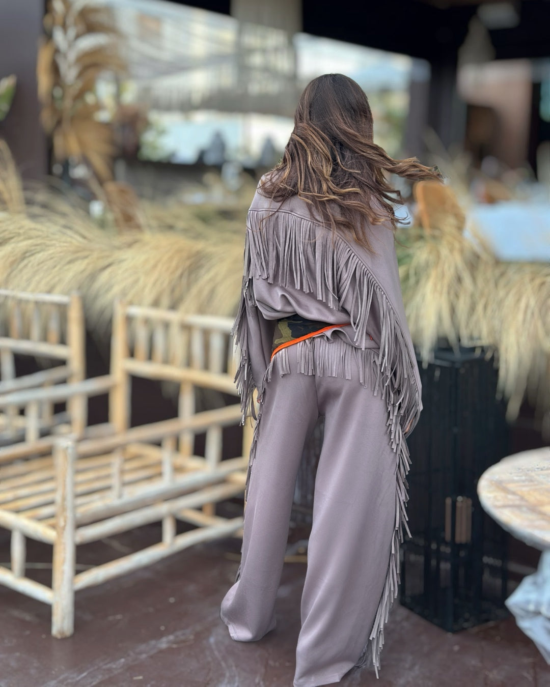 Pantalone Tuta con Frange Taupe